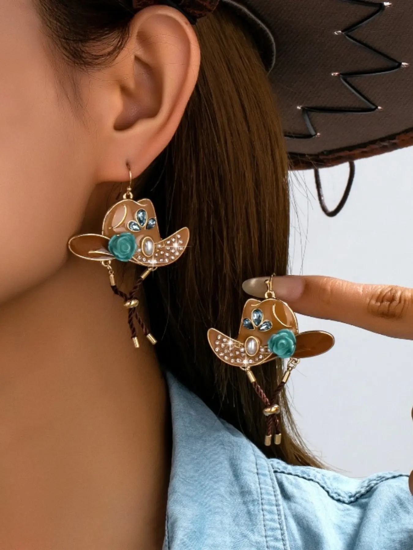 Western Style Earrings, Maroon Cowboy Hat Design, Drip Craft, Rope Pendant, 3D Rose Decoration, Elegant Women's Jewelry Set, Bohemian Earrings, Dangling Earrings