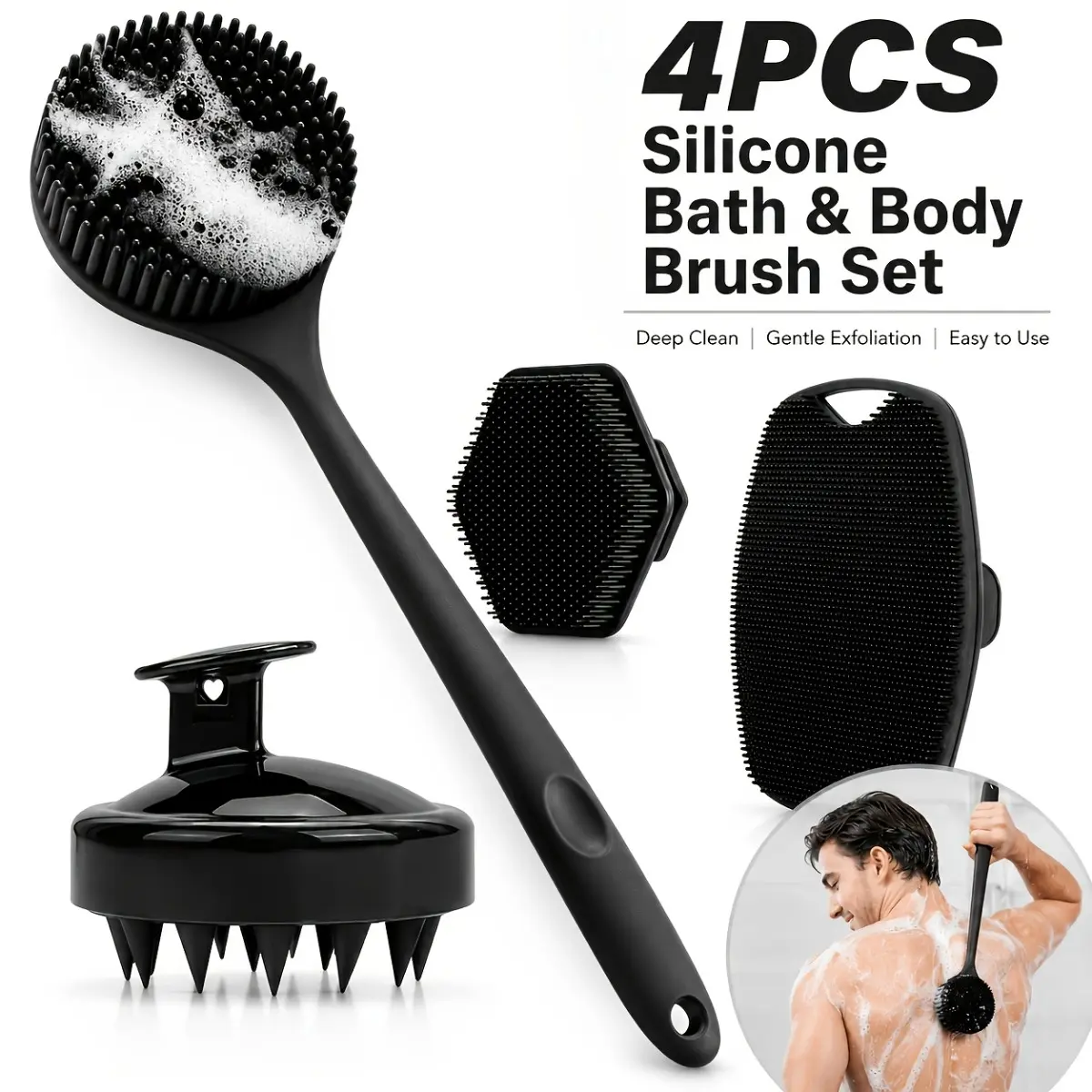 Premium 4-Piece Bath Brush Set, Spa-Quality Exfoliating Body Wash Scrubber for Back, Face & Scalp, Gentle Deep Cleaning Bath Tools with Ergonomic Non-Slip Handle, Perfect for Soft & Smooth Skin