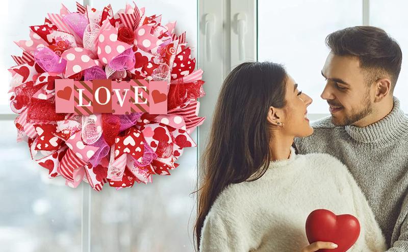 Waipfaru 17 Inch Valentines Day Mesh Wreath,Valentines Wreaths for Front Door with Love Wooden Sign Fishnet Yarn, Valentines Day Wedding Decorations for Indoor and Outdoor