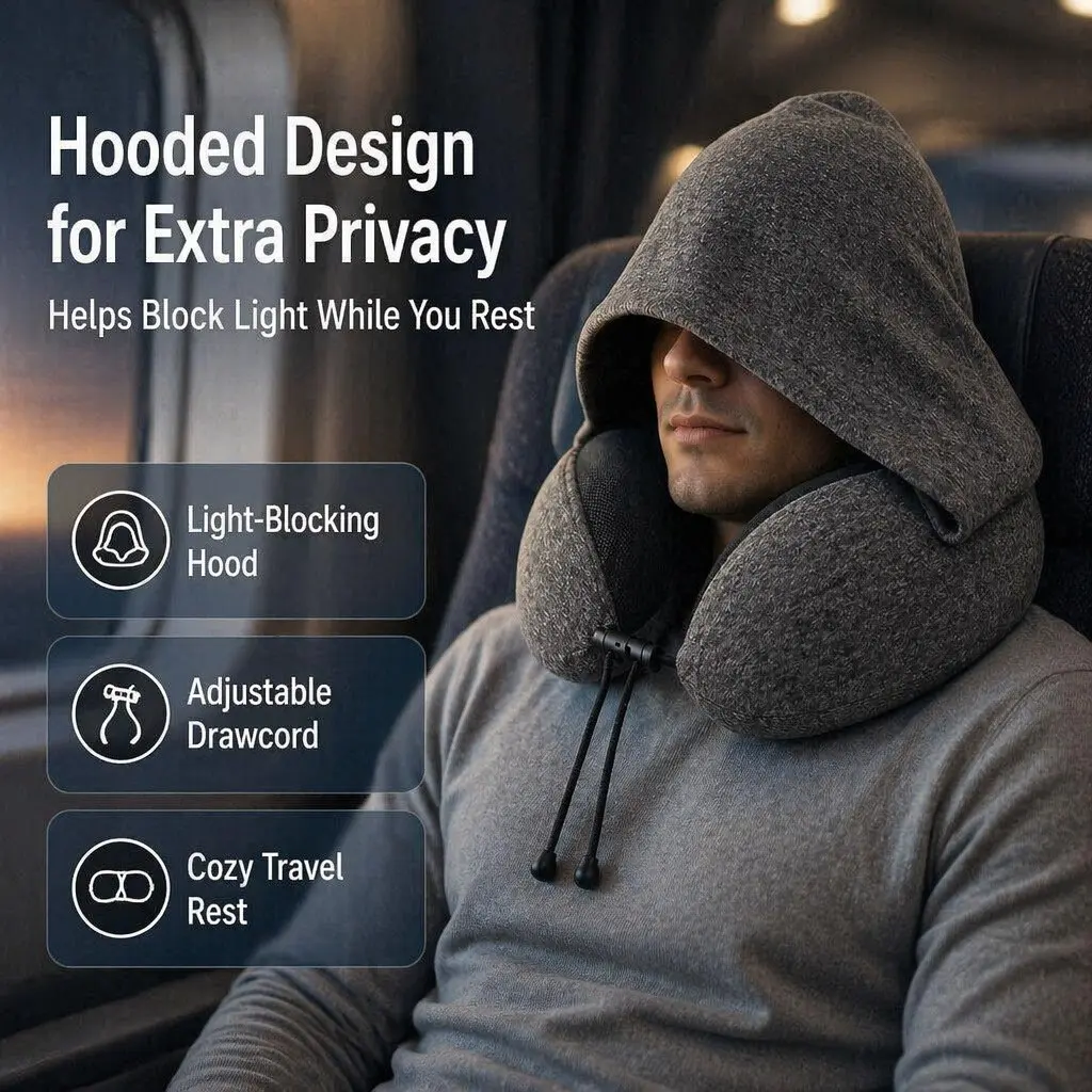 Hooded Shading Memory Foam U Neck Pillow With Detachable Washable Cover, Portable Travel Support Pillow For Airplane Driving, Office Nap & Long Trip Comfort