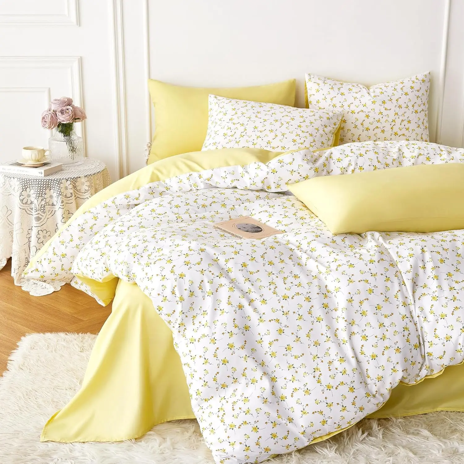 3-Pieces Floral Comforter Set, Coquette Cottagecore Cute Flower Pattern for Teen Girls, Soft Lightweight All Seasons Dorm Bedding (Dorm Room Inspo), Yellow White, Twin/Twin XL Size, Machine Wash, Do Not Bleach, High Fill