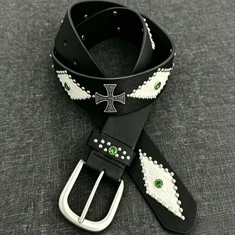 Punk Style Unisex Belt, Styling Cross Belt, Heavy Metal Cross Buckle, Streetwear Accessory, Gemstone Accent, Rock Band Performance Wear, Punk Fashion Belt