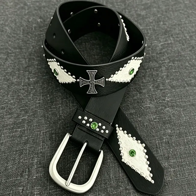 Punk Style Unisex Belt, Styling Cross Belt, Heavy Metal Cross Buckle, Streetwear Accessory, Gemstone Accent, Rock Band Performance Wear, Punk Fashion Belt