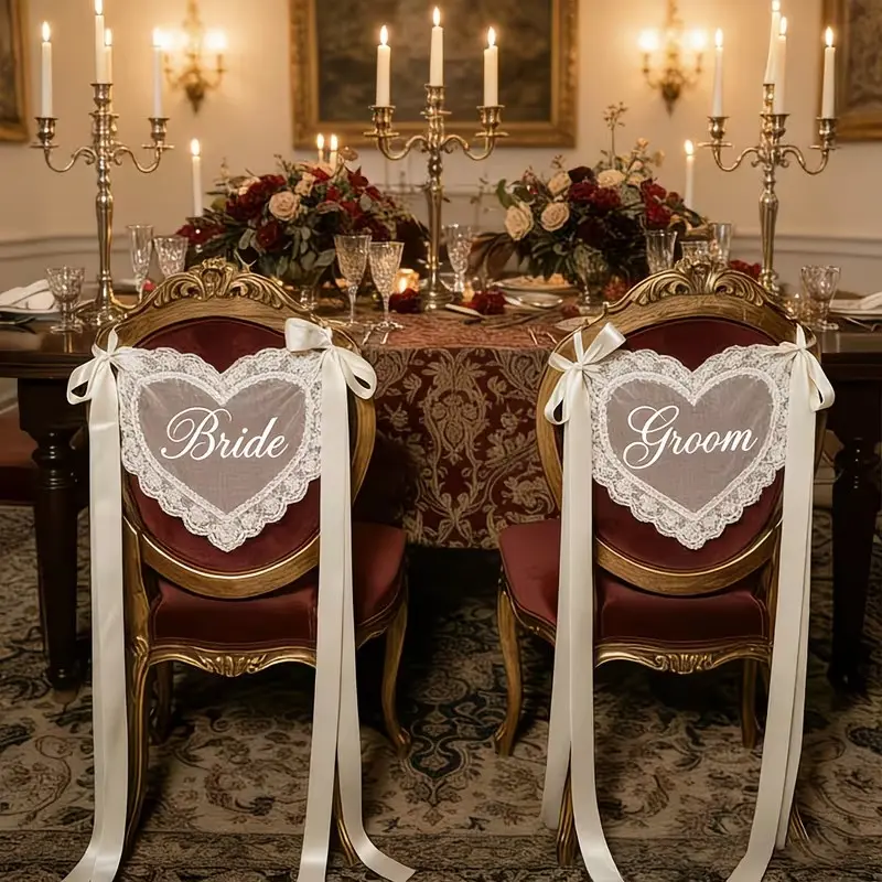 Just Married Wedding Chair Signs Set of 2, Sheer Lace Bride & Groom Chairs Back Decoration with Ribbon, Sweetheart Table Seating Decor for Wedding Reception Ceremony, Bridal Shower Engagement Gifts