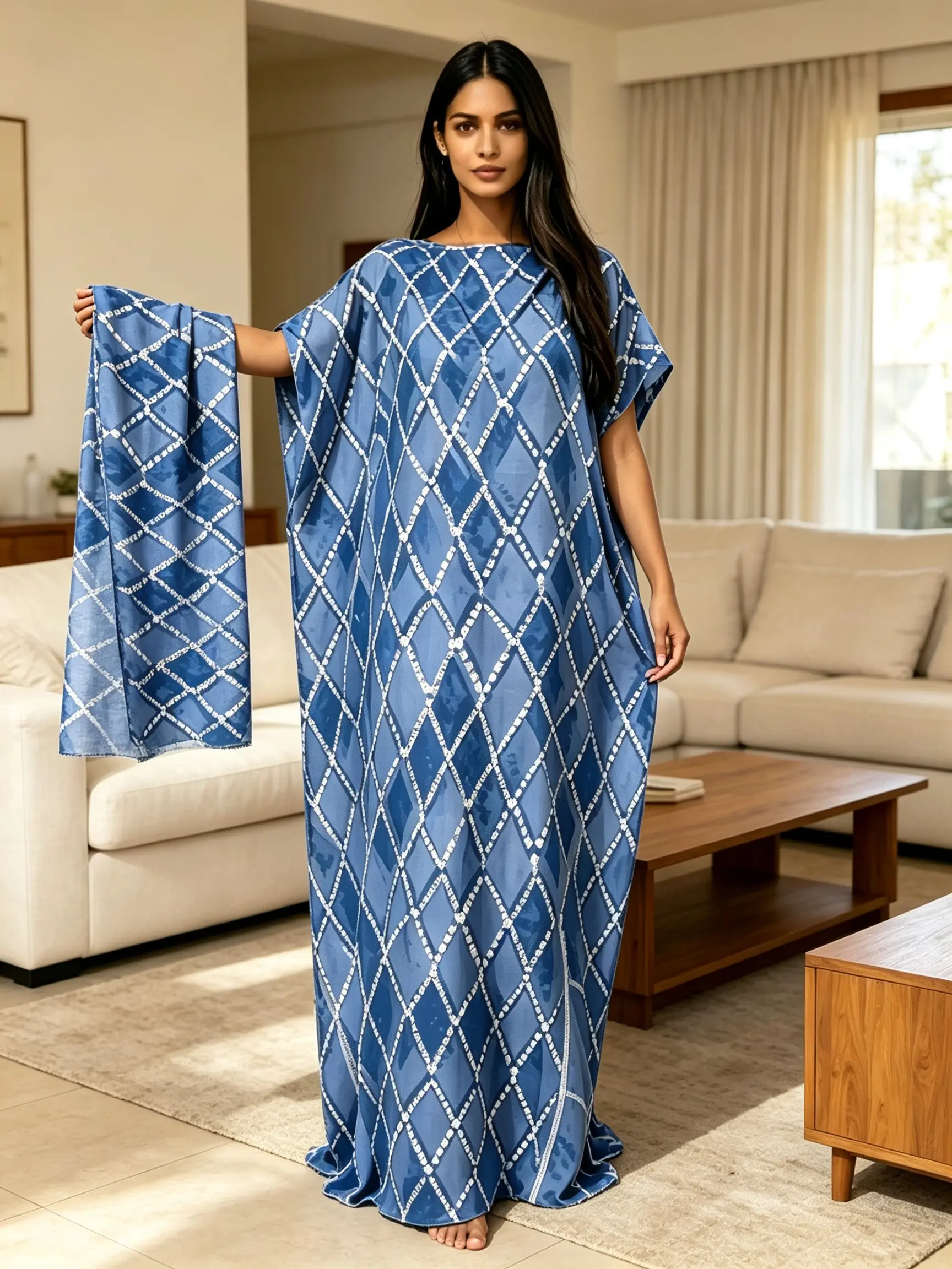 Muslim Women's Plus Size Blue Geometric Kaftan Set, Loose Fit Boat Neck Long Robe with Scarf, Elegant Home Wear, Beach Outerwear, Vacation