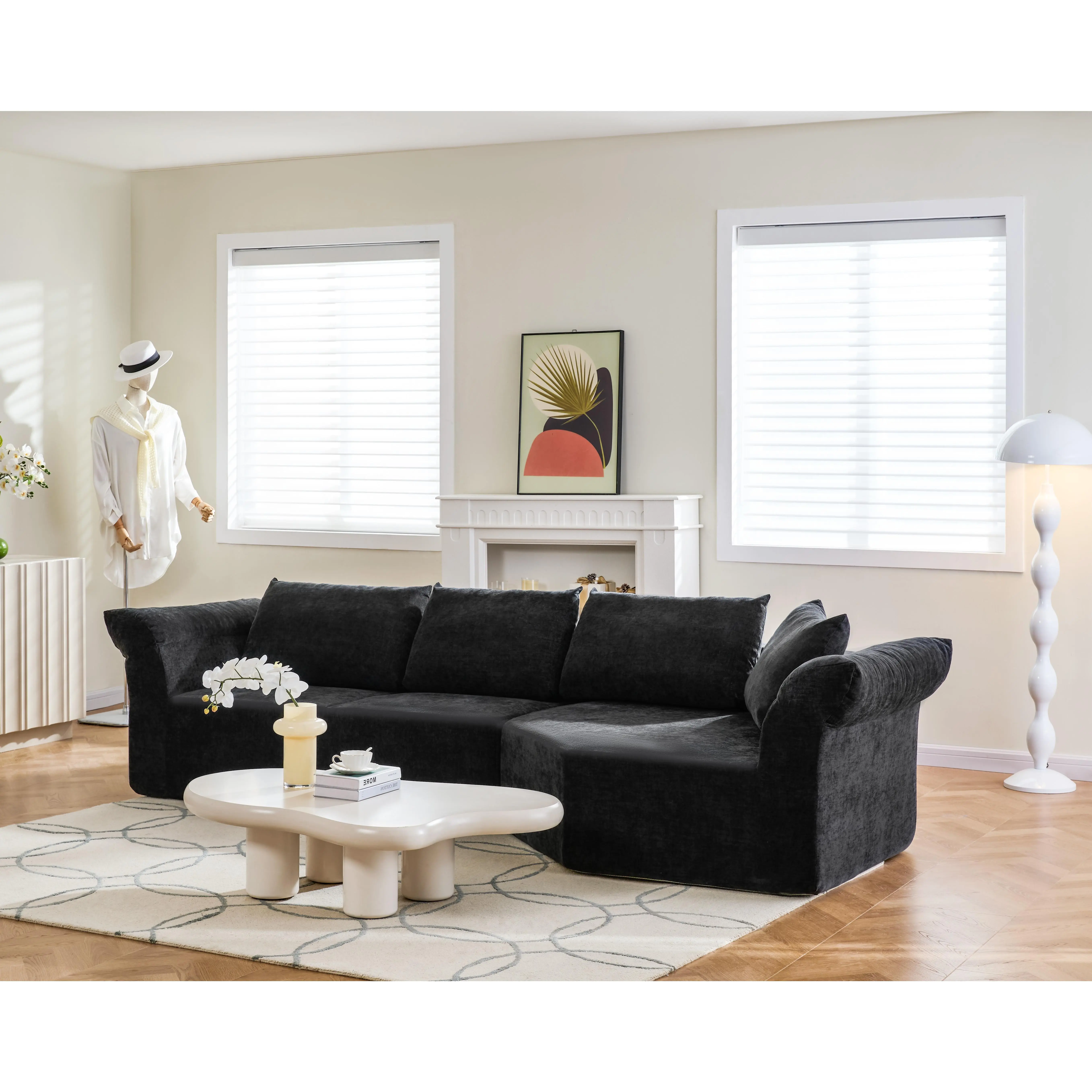 Nokaa Modern Minimalist Modular Sectional Sofa 4-Seat L-Shape Corner Couch with Wide Armrests, Loose Back Cushions & Throw Pillows, Low-Profile Solid Base, Foam Black Living Room Bedroom Furniture, Multiple Options