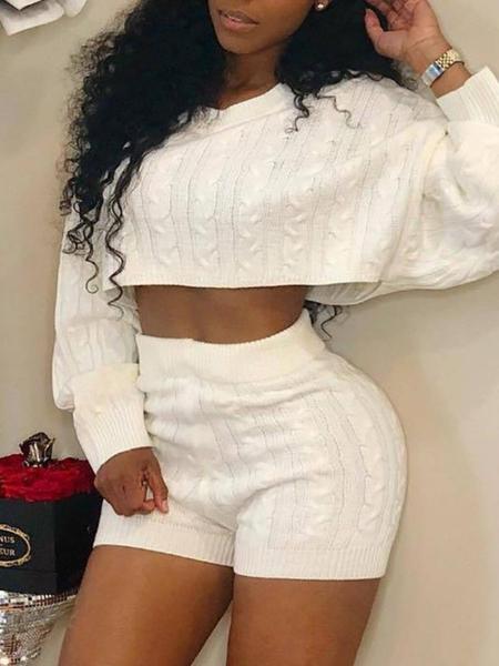 Women's 2 Pcs Sweater Set, Crew Neck Cable Knit Long Sleeve Knitted Crop Top & High Waist Shorts Set, Autumn/Winter Casual Fashion Cozy Chic Soft 2 Piece Sweater Set, Women Fall Outfit, Winter Loungewear Set, Cute Winter Knit Set, Fall Clothes for Women