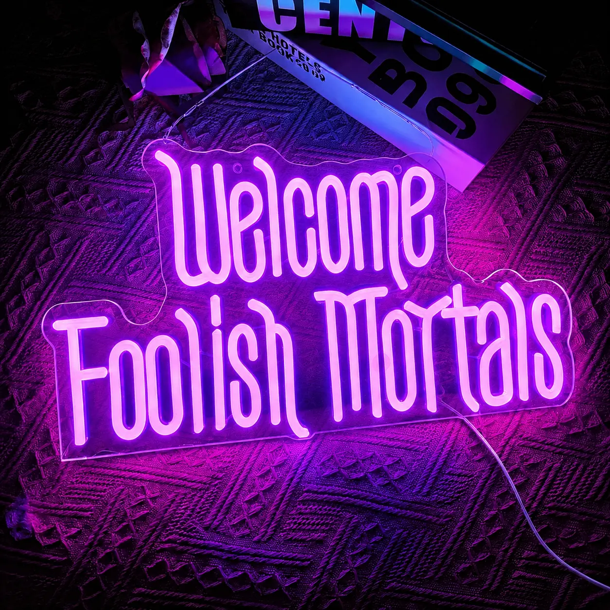 Dimmable USB Powered Welcome Foolish Mortals Neon Sign Purple Gothic Spooky LED Neon Light Wall Hanging Haunted Mansion Inspired Decor for Halloween Front Porch Bedroom Game Room Haunted House Bar Party Indoor Outdoor Decor Horror Gift for Adults Hallowee