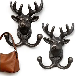2 Pack Deer Head Cast Iron Wall Hooks, Rustic Coat Hooks, Farmhouse Wall Mounted Hooks for Coats, Hats, Keys, Towels, Vintage Home Decor
