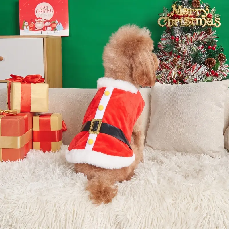 Christmas Dog Cat Santa Claus Costume, Cute Pet Santa Suit Outfit with Hood and Adjustable Belt Golden Buckle, Fuzzy Faux Fur Trim Red Velvet Coat Apparel, Festive Winter Xmas Holiday Party Clothes For Small Medium Large Dogs Cats