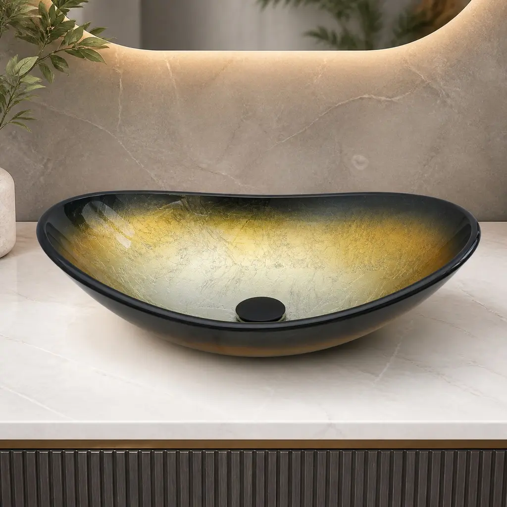 ARCH Black and Gold Tempered Glass Above-Counter Vessel Bathroom Sink - Boat Shape Art Basin with Pop-Up Drain, Modern Round Bowl, 21-7/16 x 13-3/4 x 8-1/4 in, 8.00 lb, Eco-Friendly Waterproof for Bathroom Vanity, Restroom, Indoor Use, No Faucet