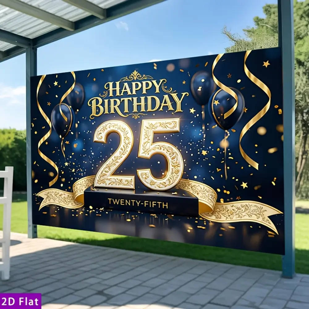 25th Birthday Themed Decorative Photography Backdrop & Banner - 2D Flat Navy Blue with Gold Accents, HD Digitally Printed Polyester, Soft Lightweight Foldable Cloth, No Glare, for Birthday Celebration Parties, Event Decor