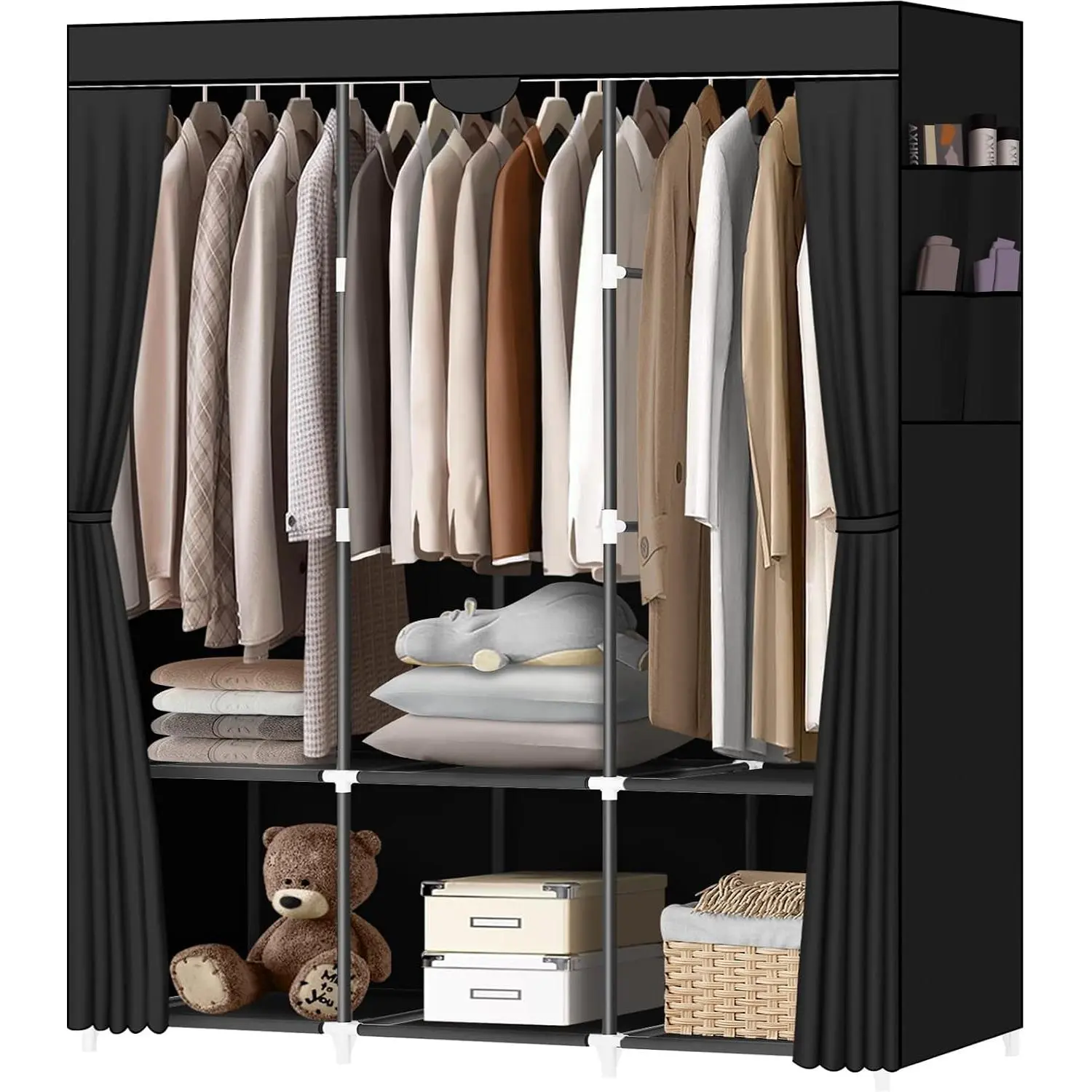 Portable Closet,Portable Closets for  Clothes | with 3  Rods and 6 Storage Shelves and 4 Side Pockets, Black Wardrobe Closet Easy to Assemble