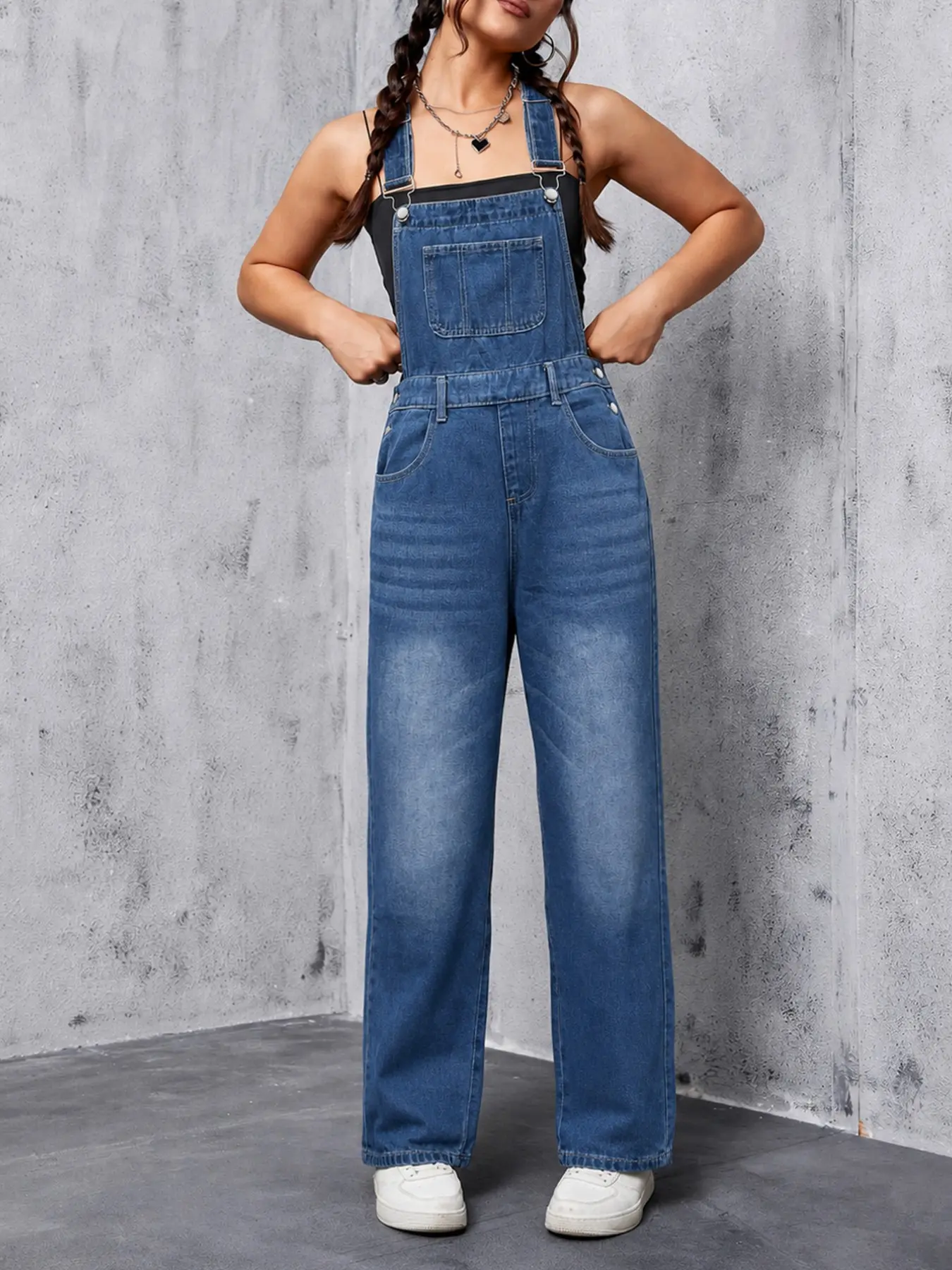 Women's Blue Denim Overall Pants, Casual Baggy Loose Fit Design, Spring & Summer Wear, Non-Elastic Material, Perfect for Outdoor Events