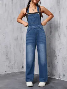 Women's Blue Denim Overall Pants, Casual Baggy Loose Fit Design, Spring & Summer Wear, Non-Elastic Material, Perfect for Outdoor Events