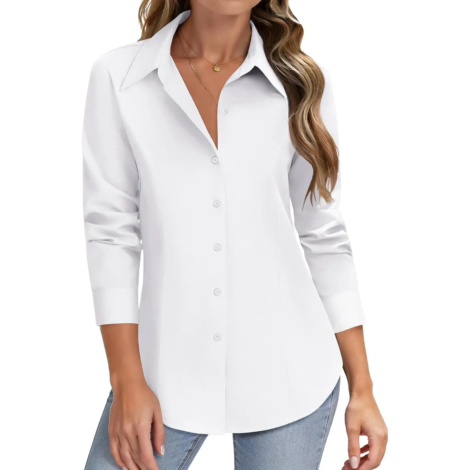 Women's Long Sleeve Slim-Fit Button-Down Stain Shield Blouse - Formal, Casual Teacher Uniform Tops for Office Business (Pairs with Skirts)