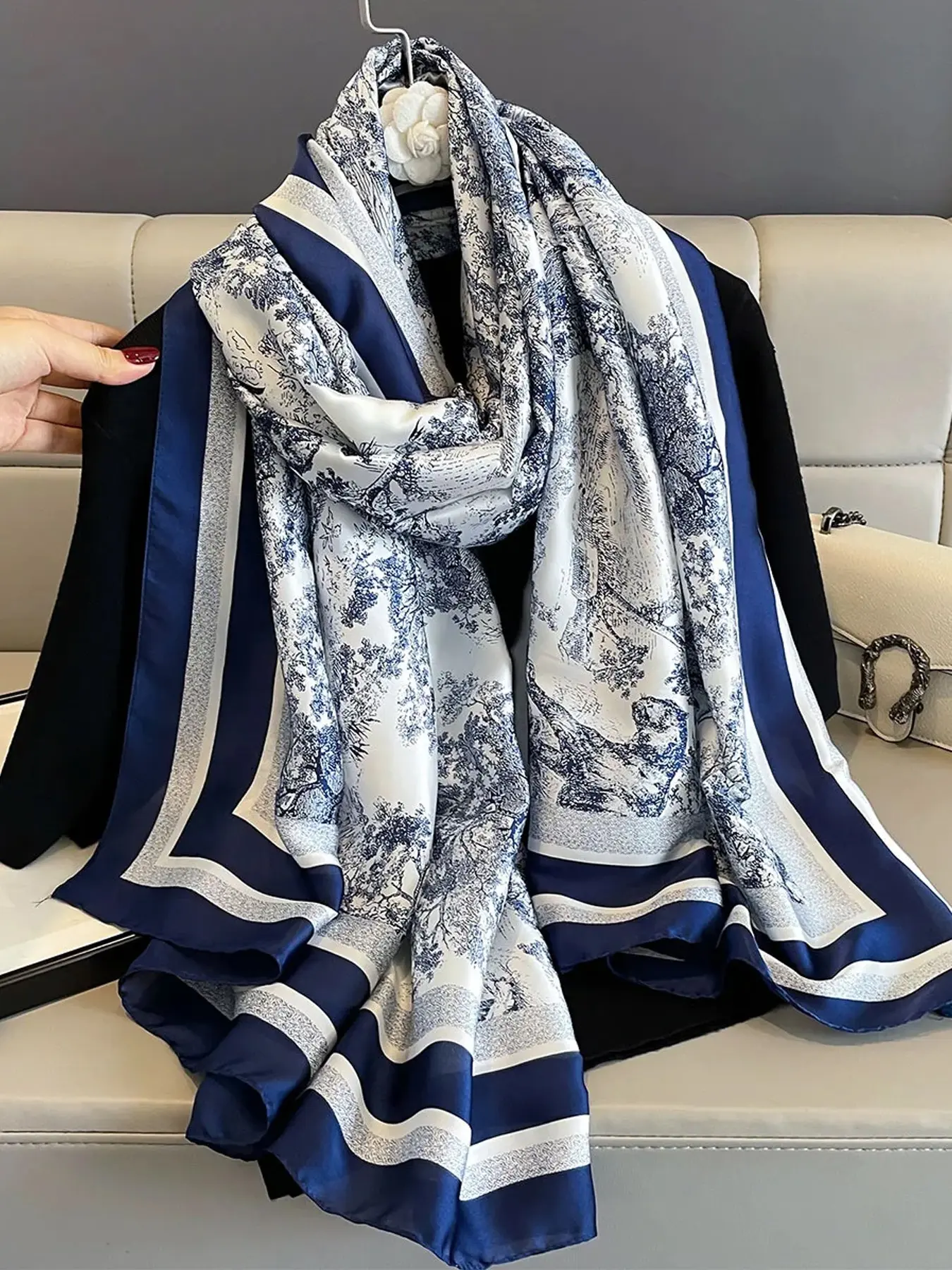 Toile De Jouy Satin Silk Scarf, Elegant Geometric Pattern, Loose-Fitting, All Seasons, Made in China, Fashion Accessory