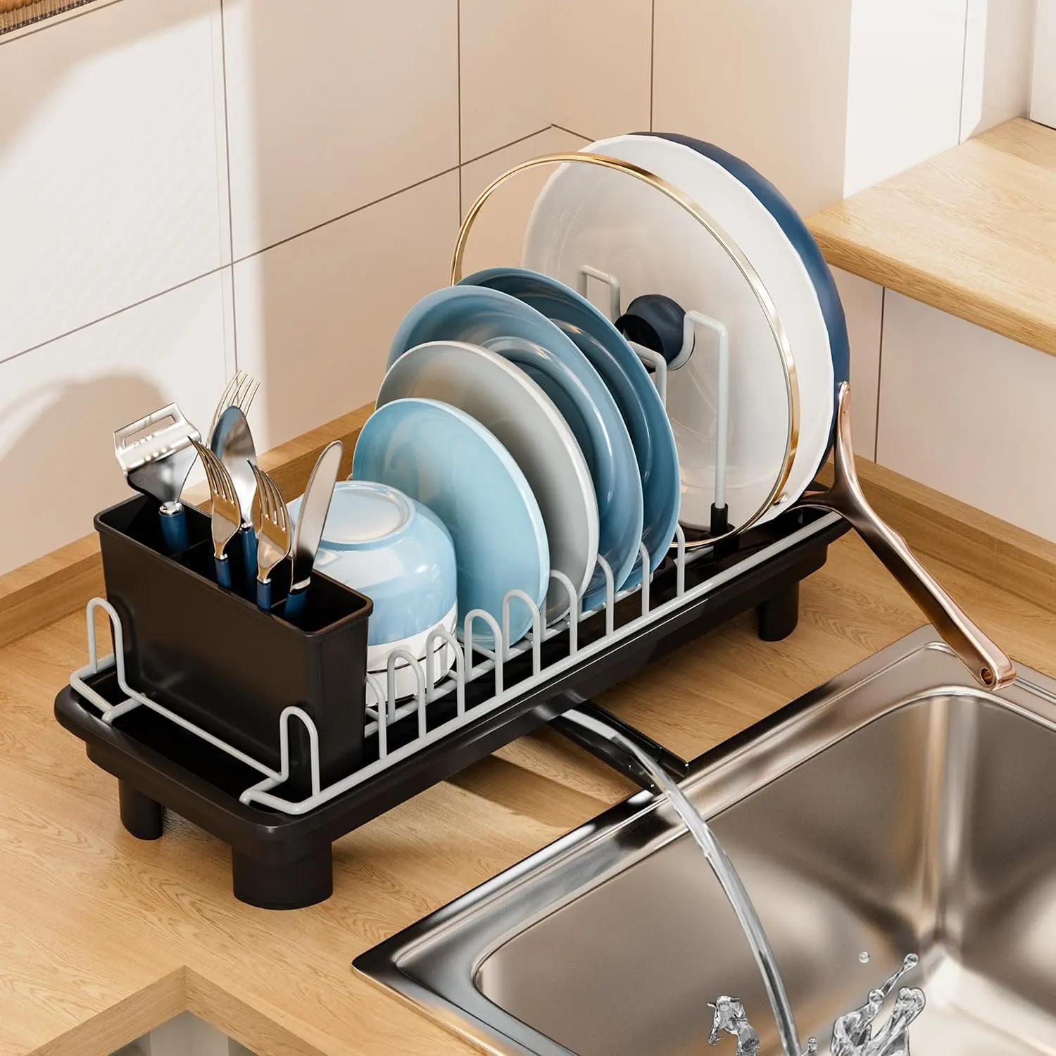 Small Dish Drying Rack with Drain, Compact Dish Rack, Slim Dish Drainers for Kitchen Counter, Extendable Spout Strainers with Removable Utensil Holder, Space Saving, Black