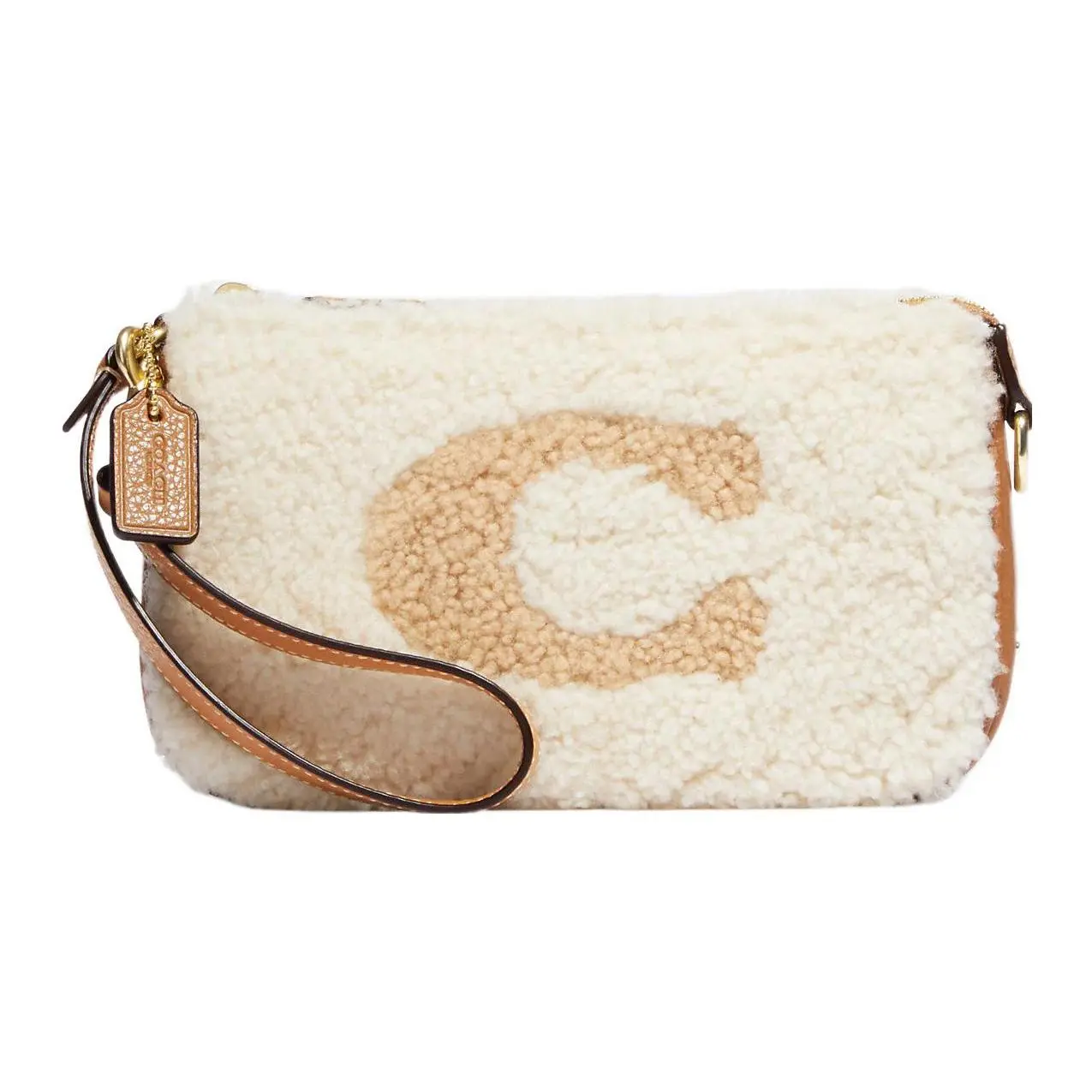 Coach Nolita 19 Logo Charm Fuzzy C-Zip Wristlet Clutch Bag for Women, Wool-Suede and Leather, White and Brown