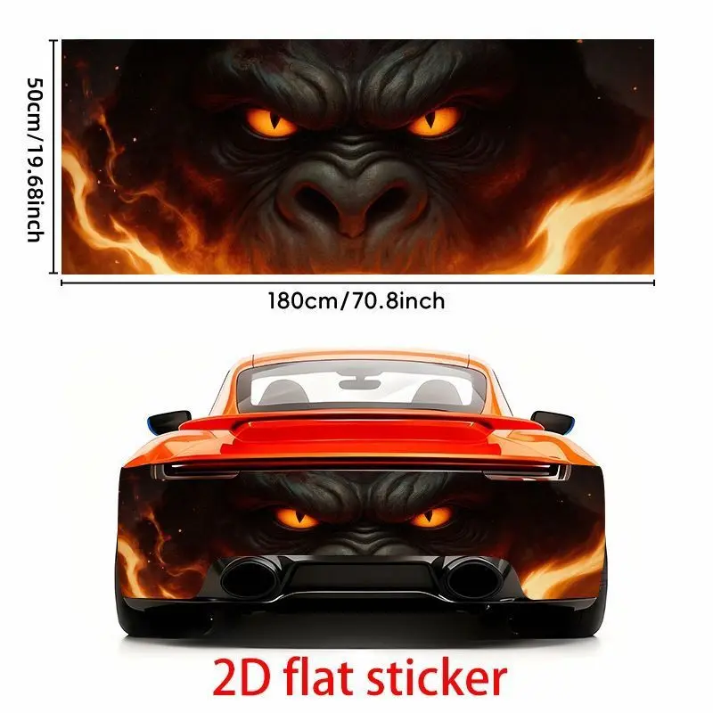 1pc 50*180cm1pcs Fierce Dark-Furred Gorilla-Like Creature Car Sticker - Angry Expression Fiery Orange Eyes Flames Embers - Waterproof Self-Adhesive for Tailgate Bumper - Weather Resistant  Fit
