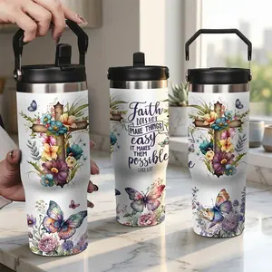 Faith Makes Things Possible Tumbler, Luke 1:37 Bible Verse Coffee Mug, Watercolor Flower Butterfly Cross Skinny Cup with Lid & Straw, Spiritual Encouragement Gift for Christian Women