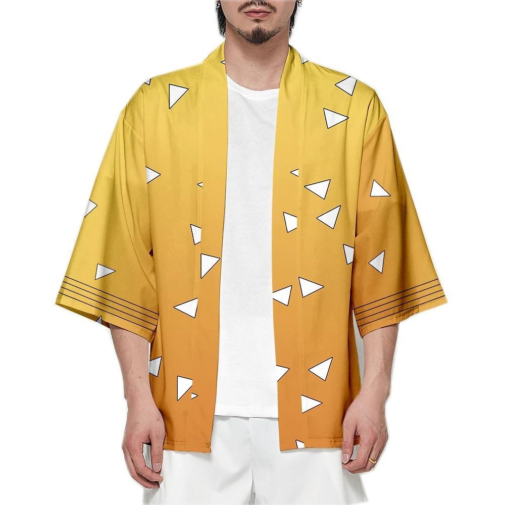Men Japanese Anime Samurai Tanjirou Kamado Green Black Checkered Kimono Haori Cardigan Zenitsu Agatsuma Yellow Cosplay Costume