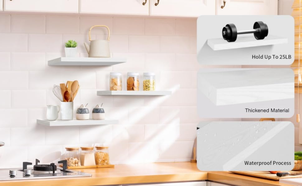 BASIC SUPPLY White Floating Shelves for Wall Set of 3, 16" White Shelves for Home Decor, Frame Display Wall Mounted Floating Shelf for Living Room, Bedroom, Bathroom, Kitchen