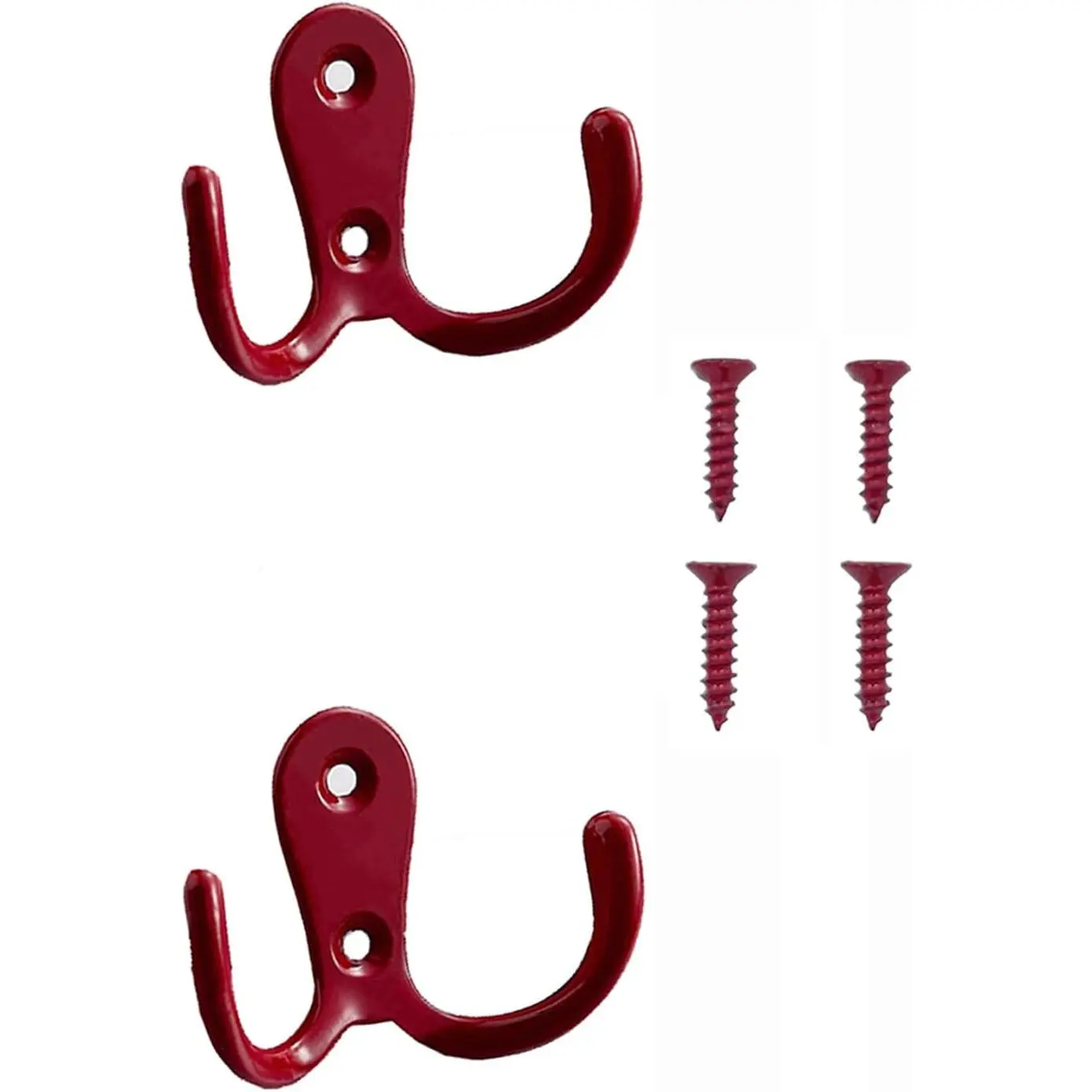 2 count Double Prong Robe Hooks,  Coat Hooks Wall Mounted  Clothes for Bathroom Bedroom Door Wall Retro Metal Cloth Hanger Double Coat Hooks with 4 Screws (Red)