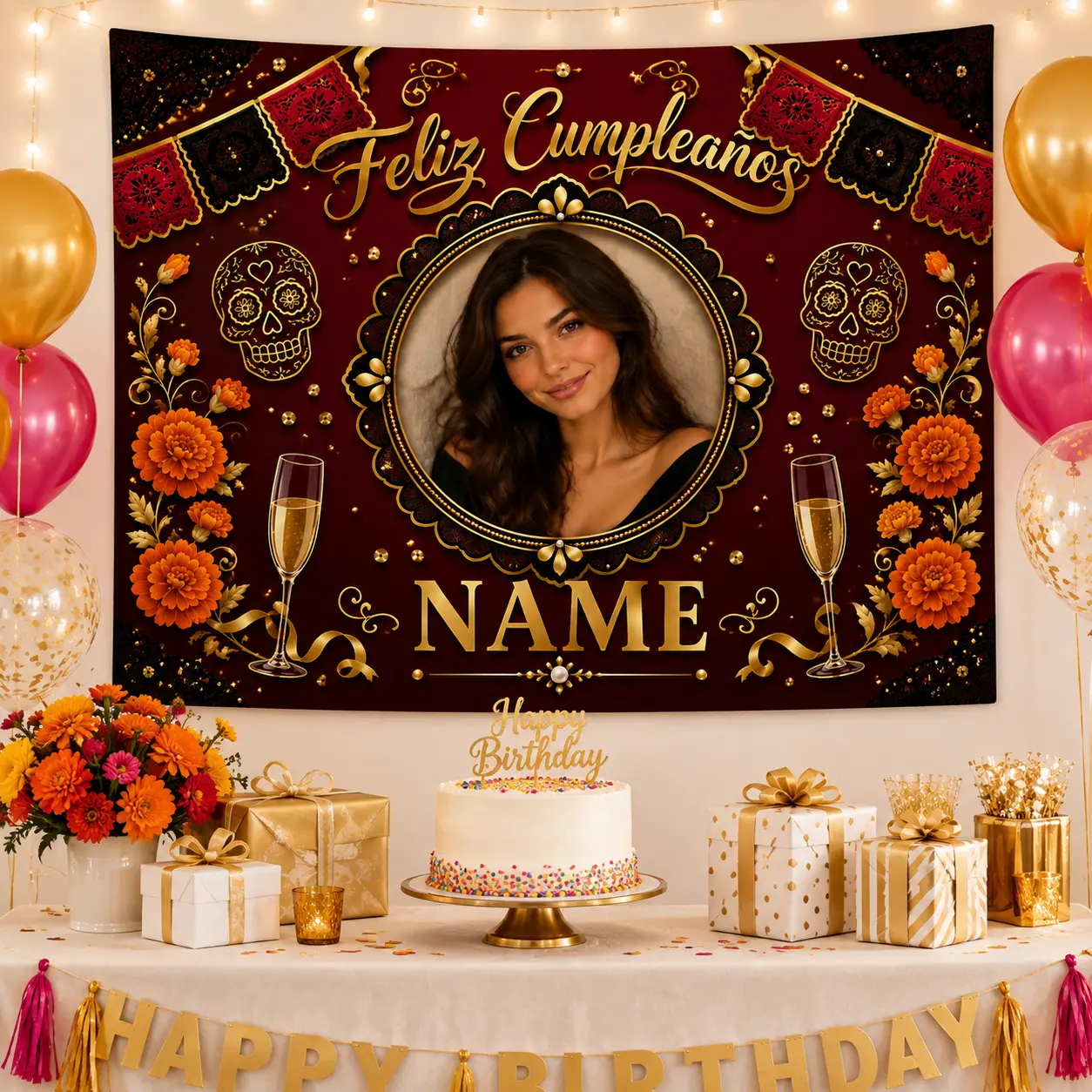 Personalized Burgundy Floral Birthday Backdrop with Photo Name, Elegant Celebration Decoration