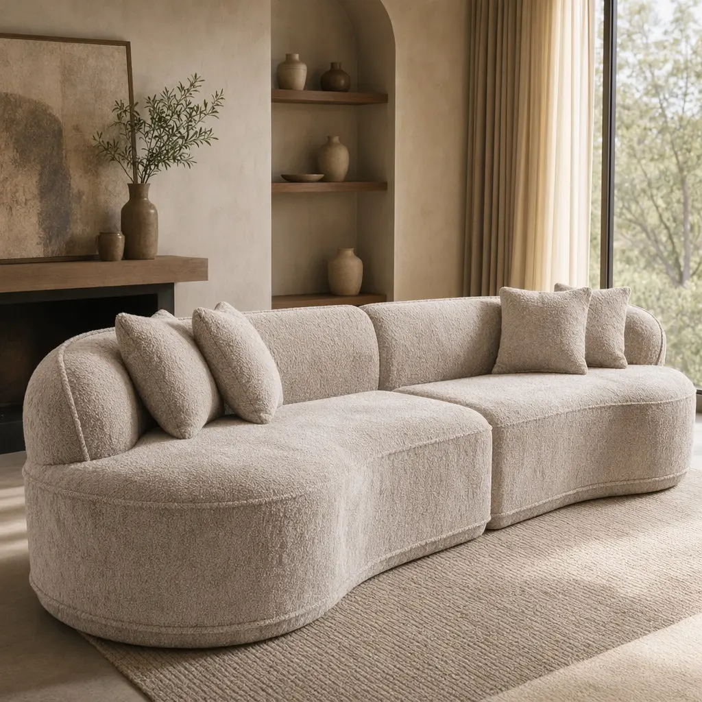 ARCH Modern Curved L-Shape Luxury 4-Seat Boucle Furniture Comfy Couch, Camel Boucle Fabric with Foam+Spring, 36.60" w x 114.00" h Fully Assembled Combo Item Sleeper for Living Room, Apartment, Living Room Decor, Sofas Living Room