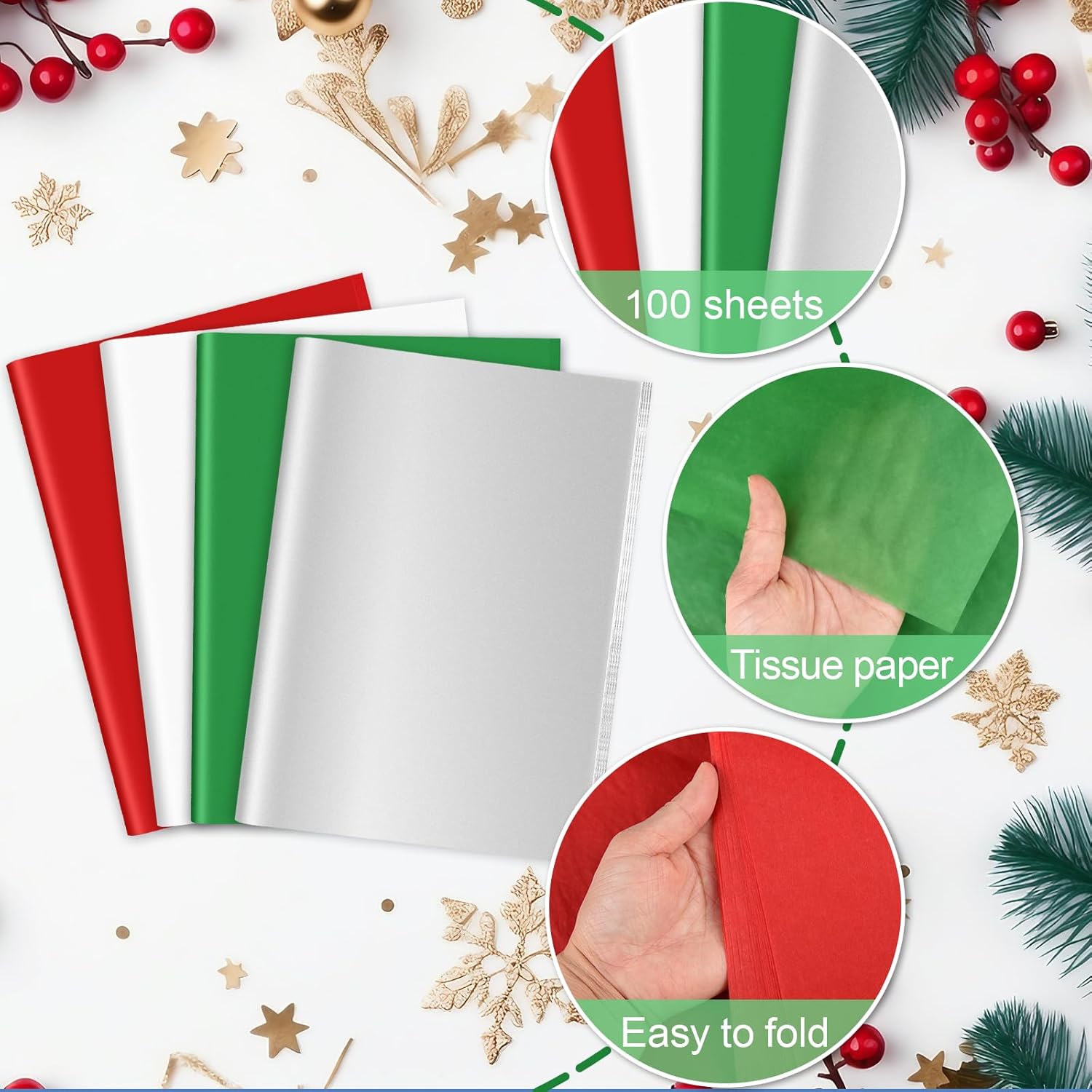 100 Sheets Christmas Tissue Paper Bulk 20 x 14.5 inches  Wrapping Paper for Flower Artworks Crafts Holiday Party Decoration (Red, Green, White,)