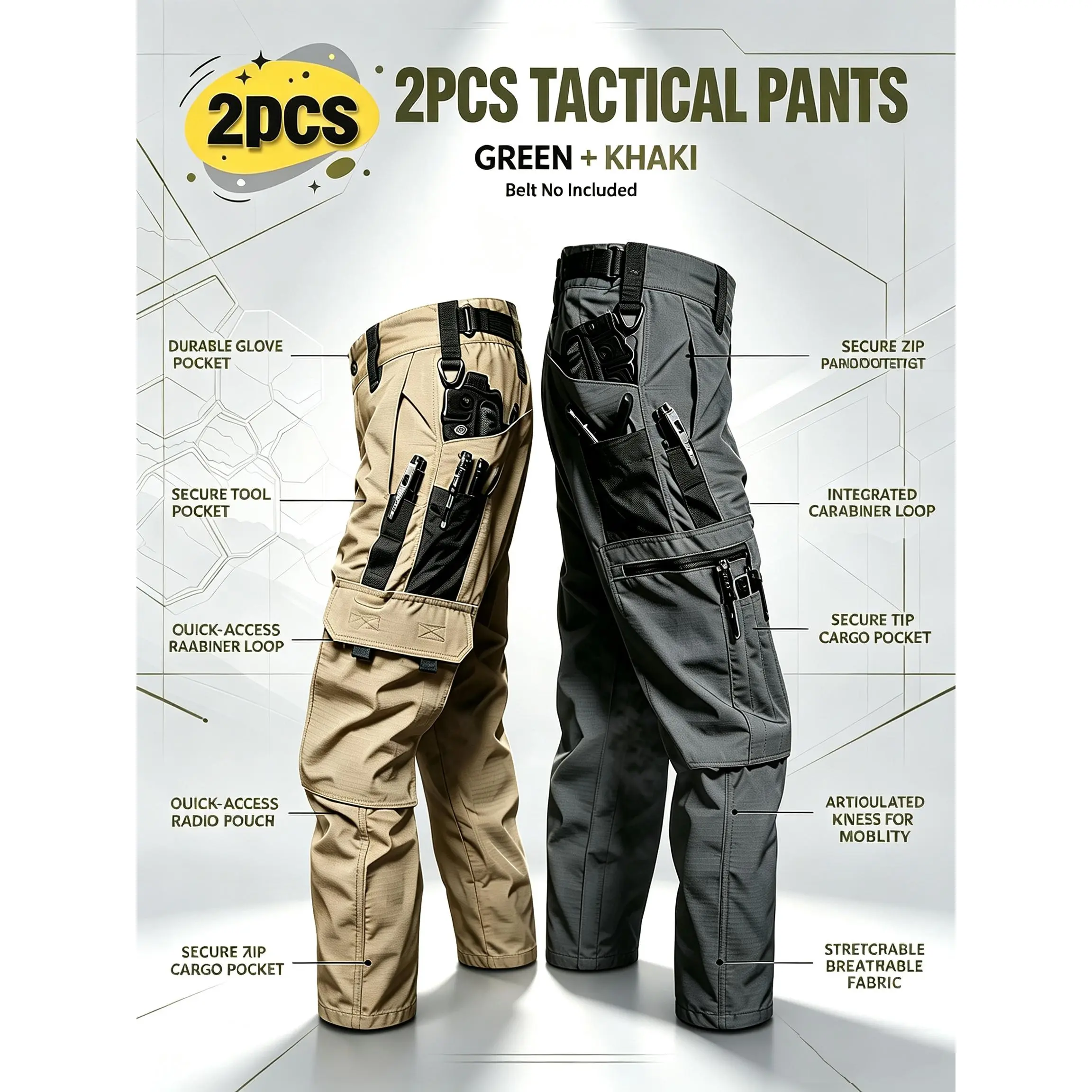 Men's 2-Pack Lightweight Tear-Resistant Hiking Pants with 9 Pockets, Elastic Waistband, Non-Stretch Solid Color Fabric, Suitable for Mountaineering, Camping, Fishing