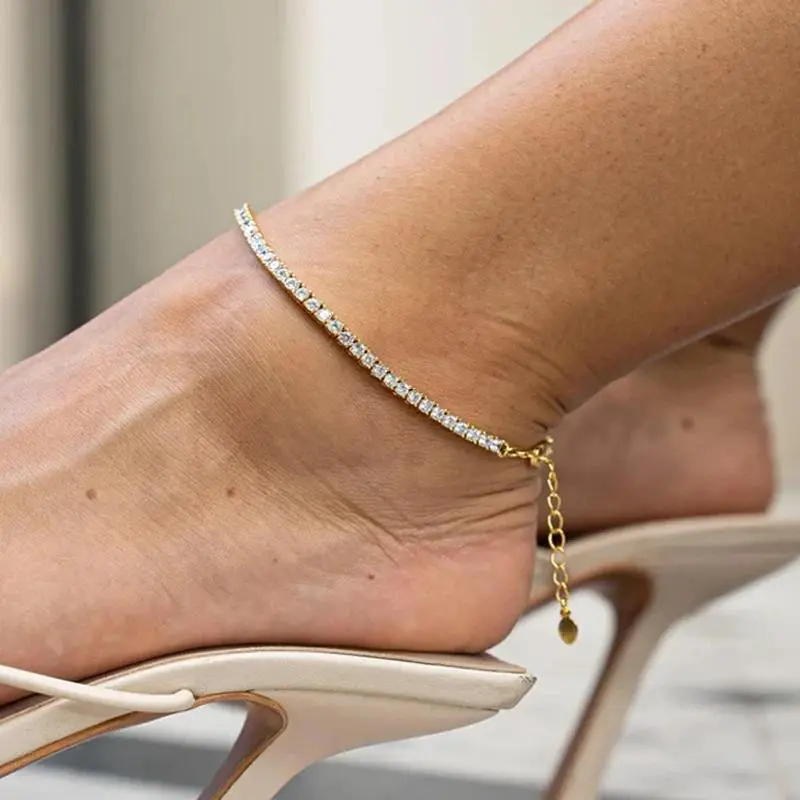 Cubic Zirconia Tennis Anklet for Women Stainless Steel 18K Gold Plated CZ Foot Chain Layering Summer No Tarnish Waterproof