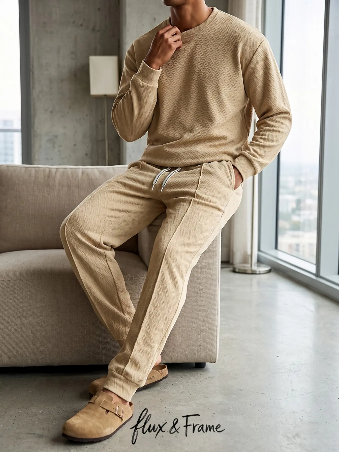 FF Men's  2 Piece Outfit Knit Crewneck Sweatshirt & Drawstring Joggers Set Sports Clothing Set Casual Tracksuit for Lounging Streetwear Outdoor Running Walking
