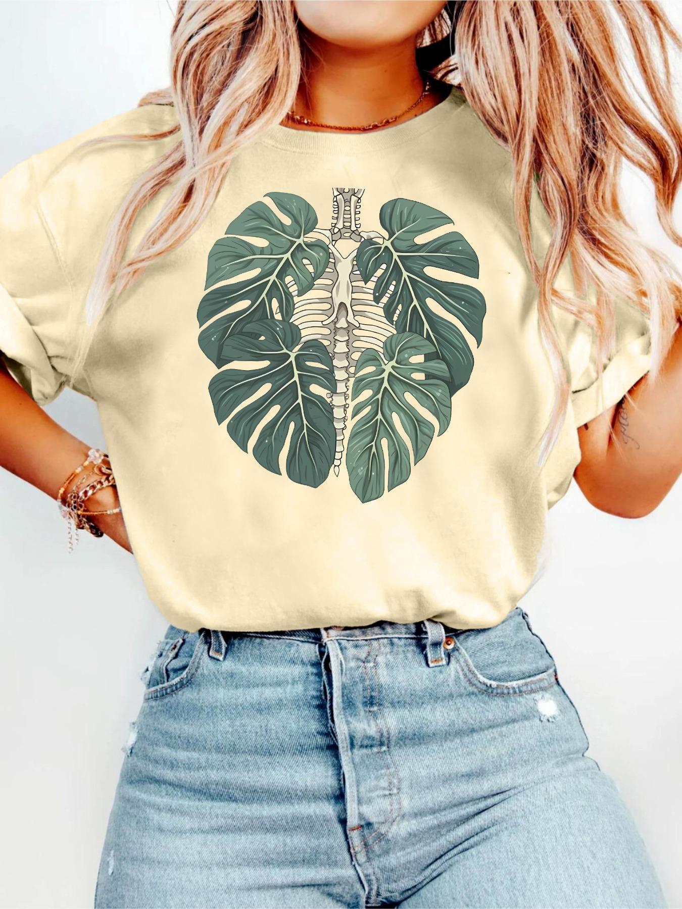 Women's Leaf Print Round Neck Graphic Tee, Vintage Trendy Bohemian Chic Casual Drop Shoulder Short Sleeve T-shirt for Daily Wear, Ladies Summer Clothes, Streetwear Tshirt, Tops