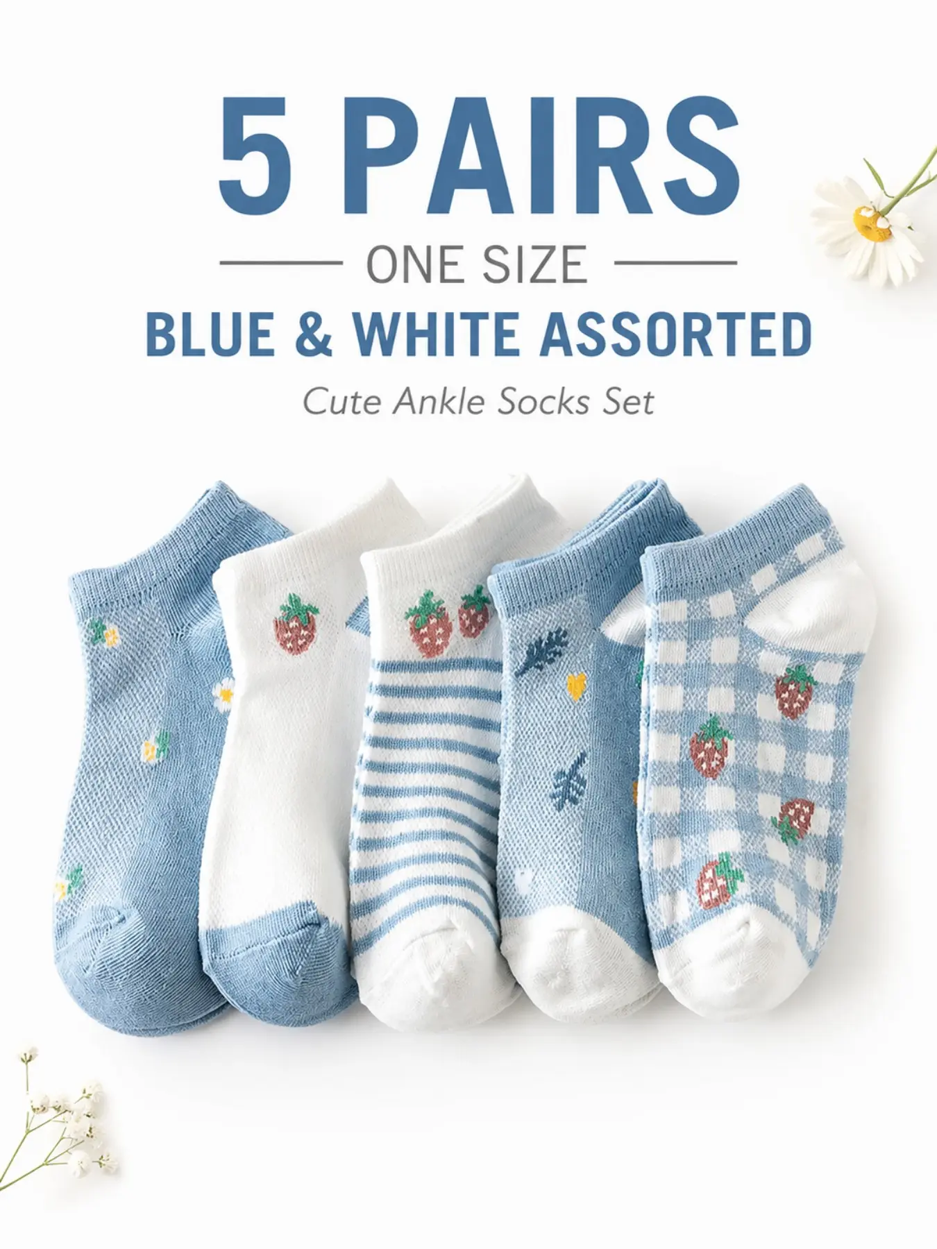5 Pairs Women's Cute Short Socks, Blue Strawberry Pattern, Soft Casual Daily Wear, Preppy Fitted Style, All Seasons