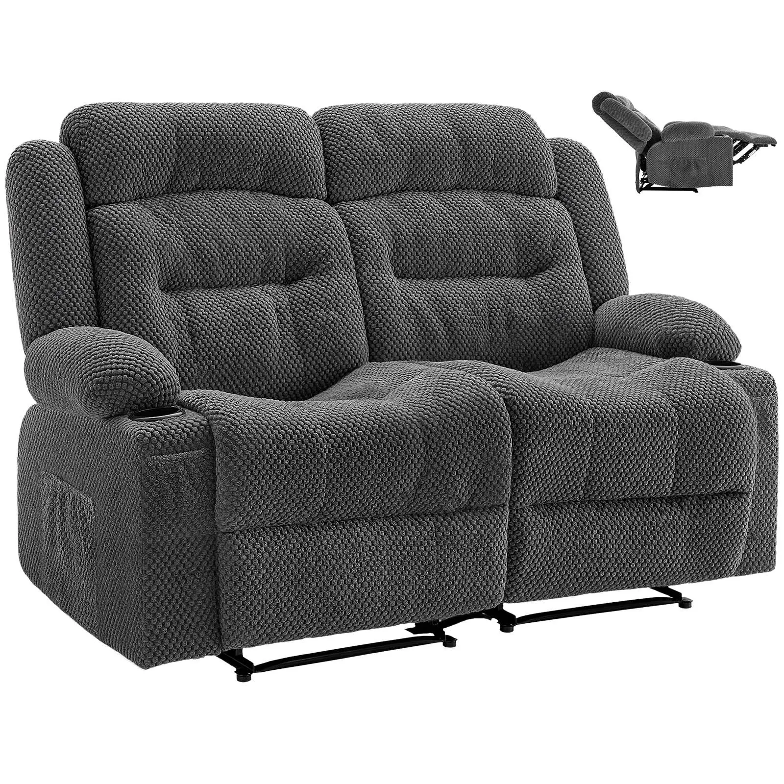 【DealsForYouDays】VEVOR Dual-Seat Corduroy Recliner Loveseat, Manual Reclining Living Room Furniture with Heating, Massage, USB Ports, Cup Holders, Side Bags, Grey, Dual Seats