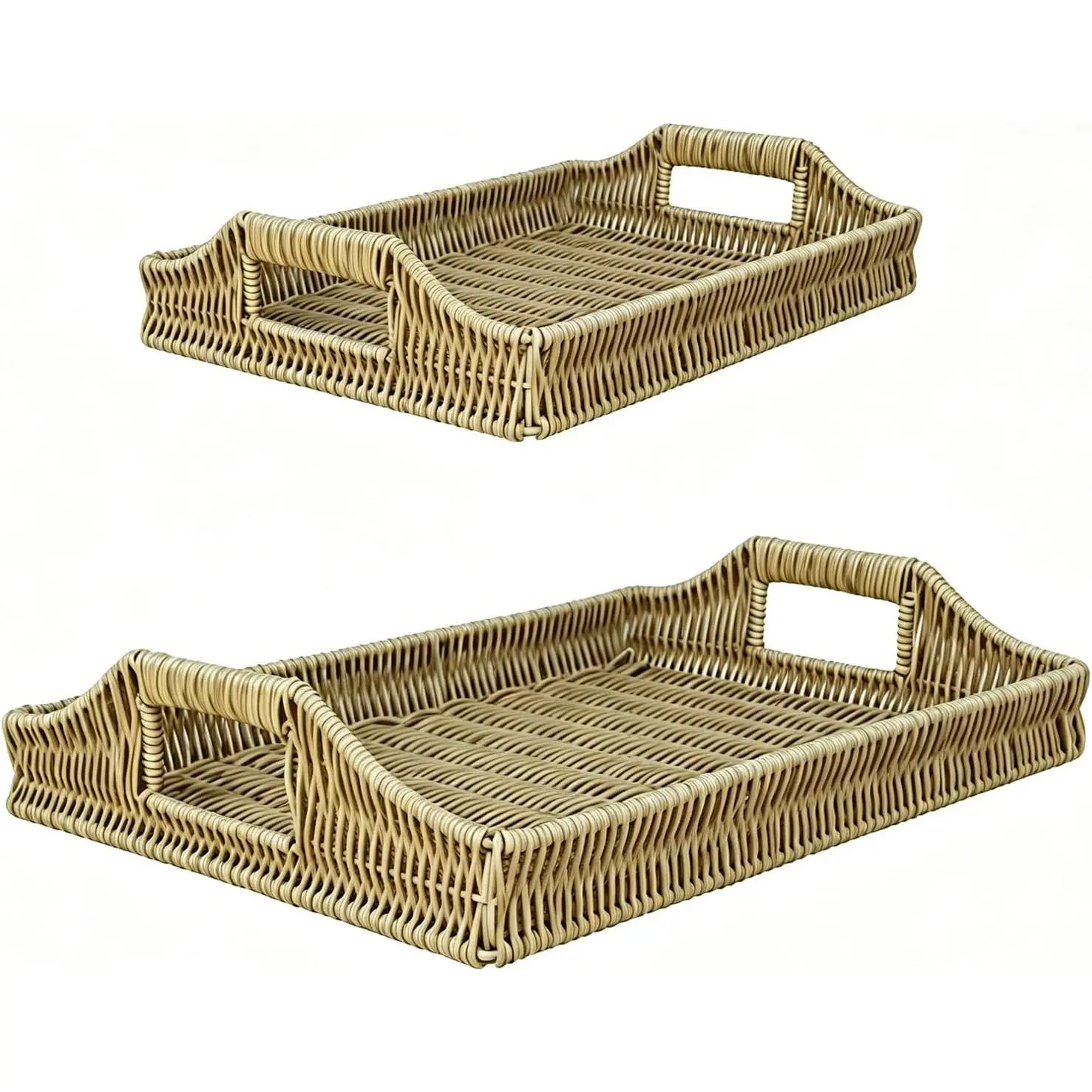 2pcs Wicker Woven Trays - 2-Piece Set, Vintage Bohemian Vibe Decorative Storage Baskets with Handles, Food Service & Home Organizing Use (Coffee Tables, Kitchens), Gift-Ready, Available in Large/Small Sets (Apricot)