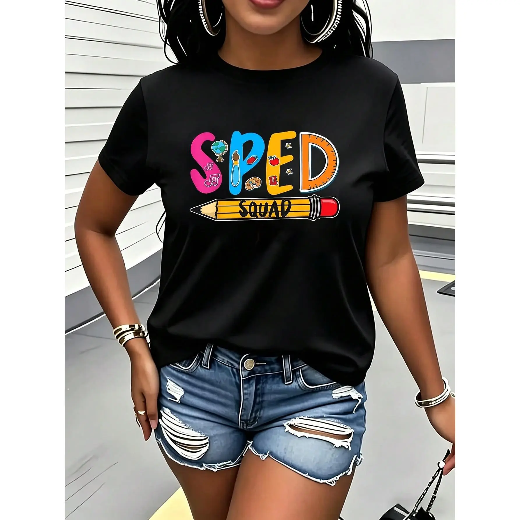 Special Education Teacher Sped SPED Teacher 1 Pcs 100% Polyester Women's Plus Size T-Shirt Funny Oversized Graphic Short Sleeve Tee Novelty Shirt Casual Crew Neck Top 220g foreign trade men king message golf gift t-shirt