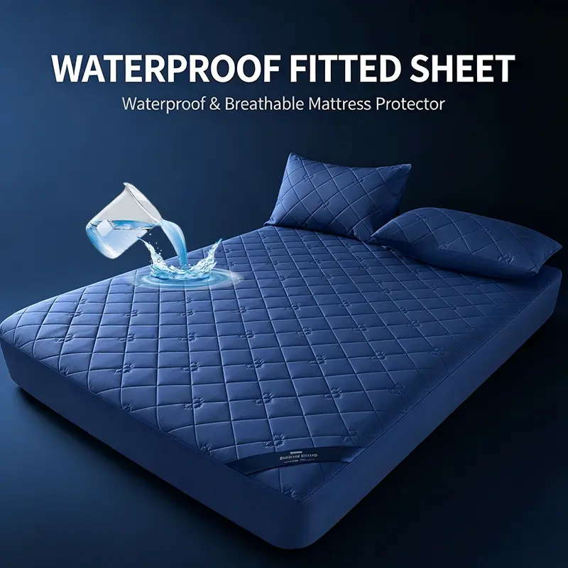 Viral Breathable Noiseless Waterproof Quilted Bed Sheet Set, Stretch Deep Pocket Sheets Mattress Barrier Protector, Soft Comfortable Silent Fabric Complete Bedding Kit for Family & Kids Bedroom Decor