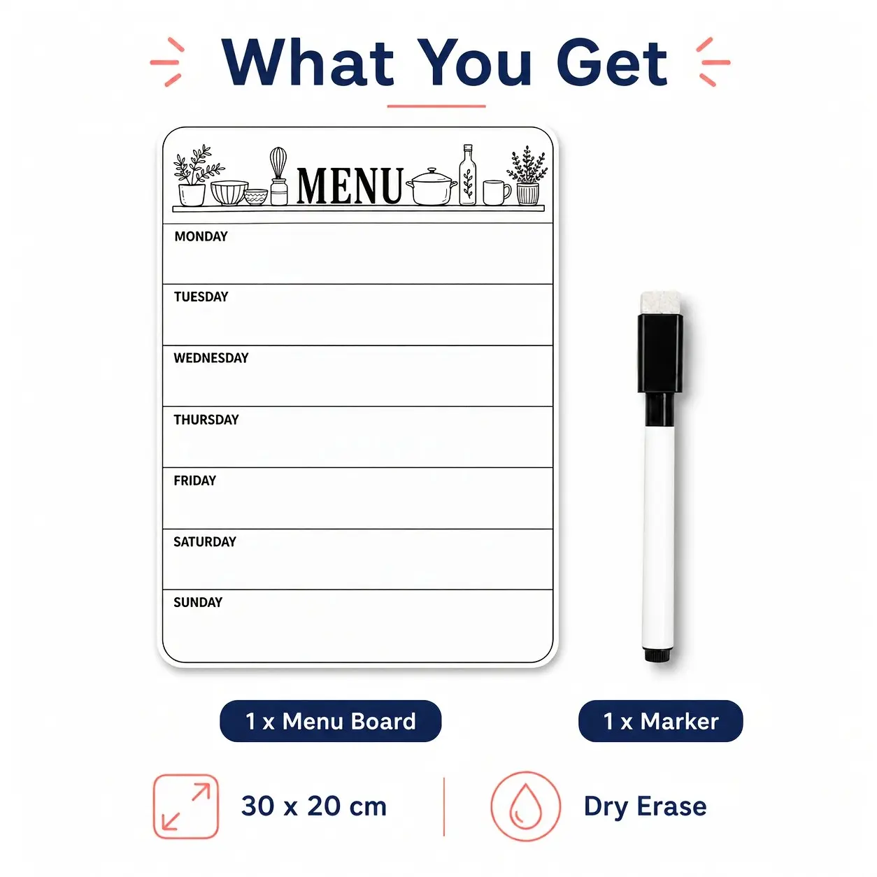 Fridge Whiteboard Menu Planner Sticker with Erasable Marker, Dry Erase Weekly Meal Board, Kitchen Grocery Notes Organizer