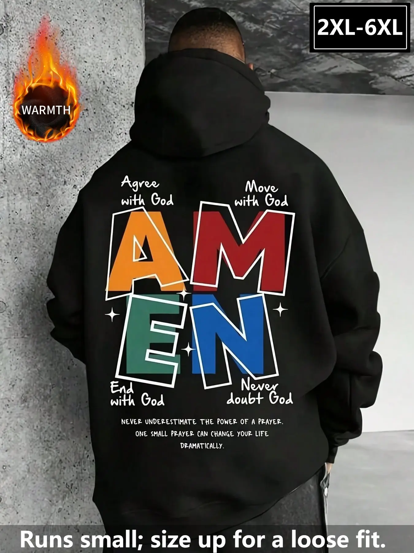 Men's Large Size Amen Graphic Hoodie 2xl-6xl, Loose Fit Oversize Streetwear, Thick Warm Fleece Fabric, Comfortable Casual Top