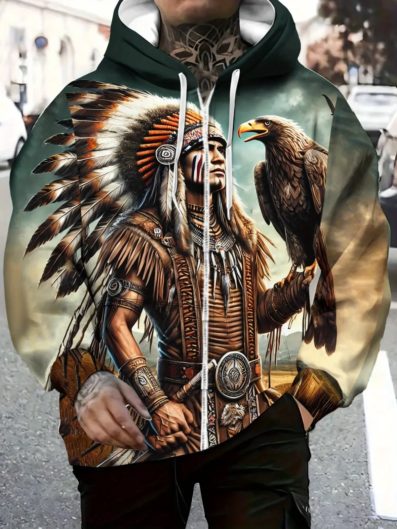 Men's Zip‑Up Hooded Jacket With Full Print of Native American Chief and Eagle Vintage Exotic Style Loose Casual Zip Hoodie Men's Wear