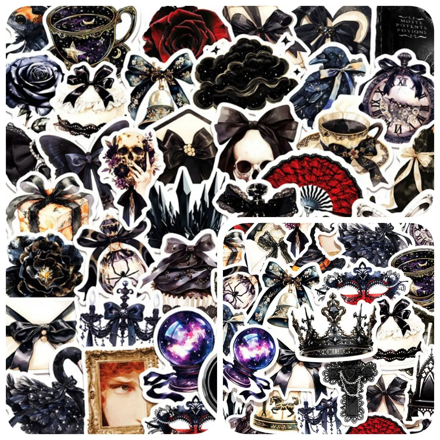 50pcs Y2K Black & Red Gothic Lace-Style Sticker Decals - Faith-Based Designs with Positive Messages; Suitable for Scrapbooks, Journals, Laptops, Water Bottles, Cars, and More - Ideal for Gifts