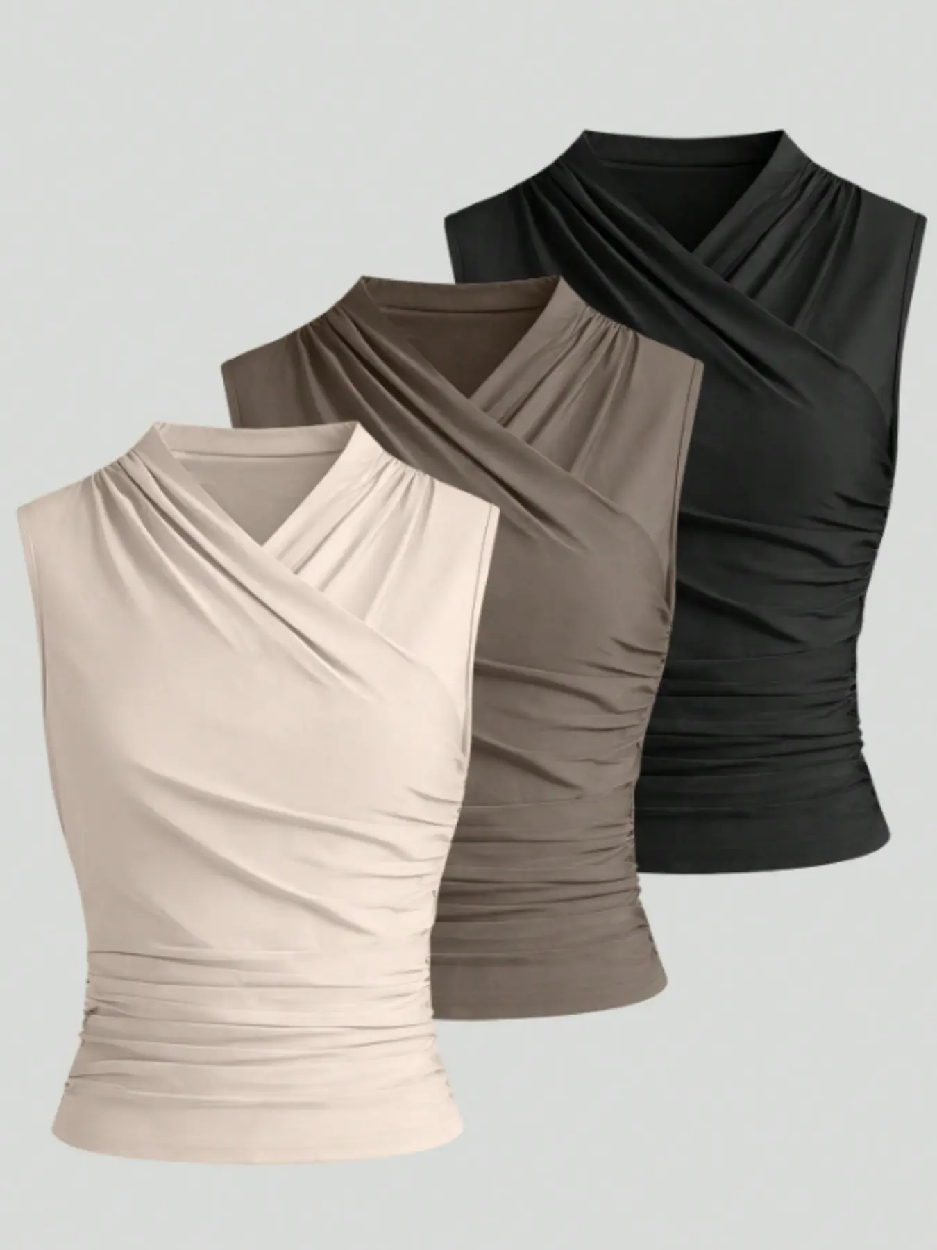 Three-Piece Cross V Neck Sleeveless Ruched Crop Top wrap front side pleated slim tank top soft stretch fabric multiple colors available ideal for office casual street outings and minimalist everyday outfits
