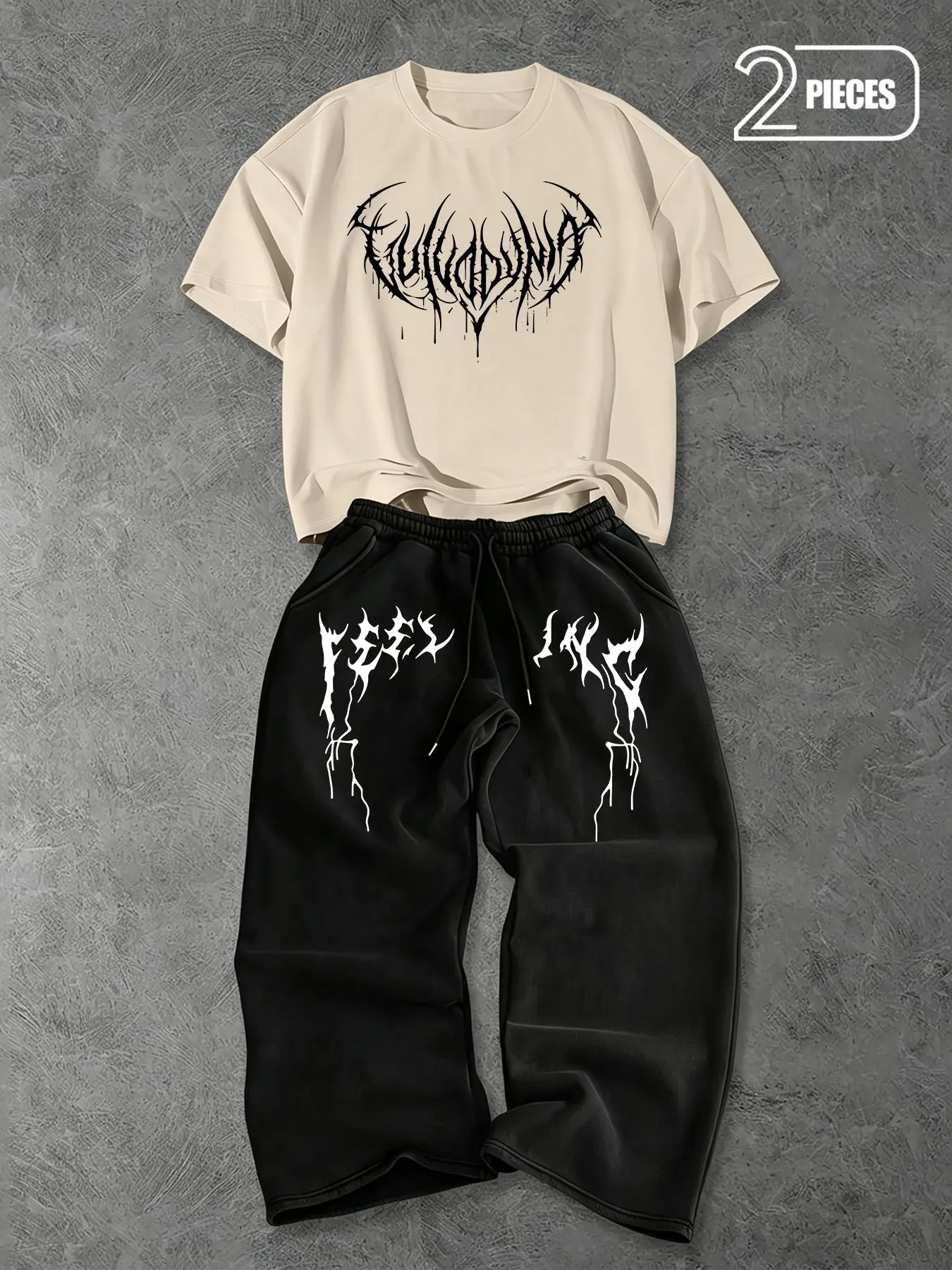 Men's 2-Piece Matching Outfit Set, Crew Neck Short Sleeve T-Shirt With Drawstring Elastic Wide Leg Pants, Dripping Thorn Metal Font Slogan Print, Grunge Punk Street Matching Tracksuit, Ideal For Music Festivals, Daily Skateboarding & Night Casual Outfits