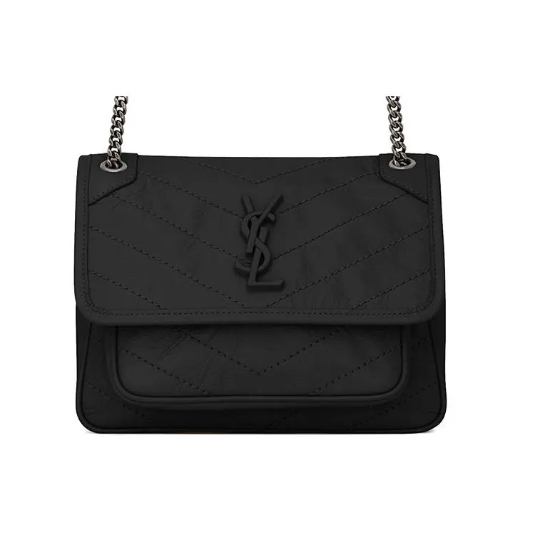 Saint Laurent YSL Niki Baby Black Mini Crossbody Bag for Women, Vintage Wrinkled Silver Chain with Black Logo