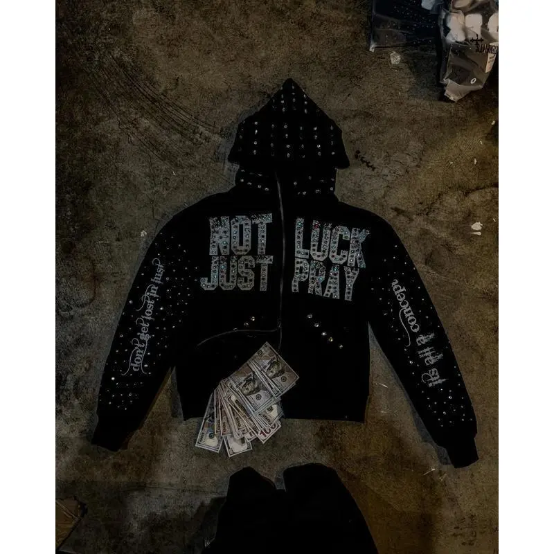 Streetwear Rhinestone Hoodie Not Luck Just Pray Graphic Zip Up Jacket Casual Fabric Long Sleeve Pullover Crewneck Menswear Athletic Classic Oversized Jumper