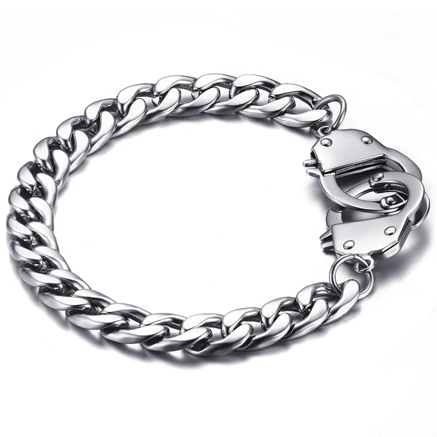 Men's Cuban Link Bracelet with Handcuff Clasp, Polished 100% Stainless Steel Chain for Casual Wear, Chain Link, Polished Finish, Cuban Link Bracelets & Bangles