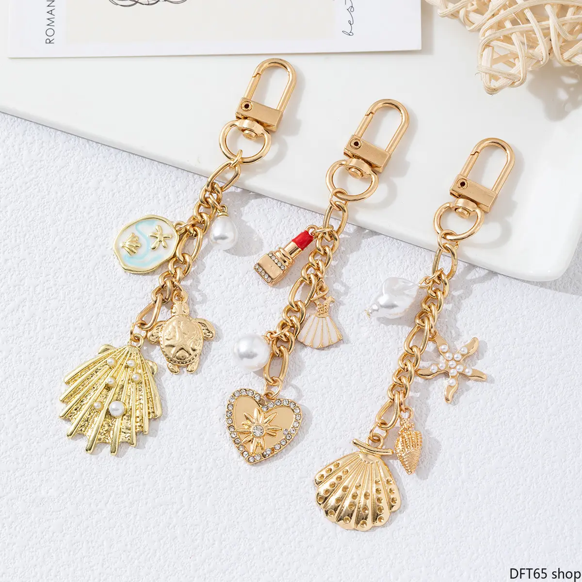 Pearl Shell And Starfish Alloy Pendant Charms Smooth Polished Gold Tone Metal Frame Small Connect Jump Rings Lightweight Flat Silhouette For Diy Keychain Cellphone Handbag Minimalist Ocean Themed Decorative Hanging Accessory
